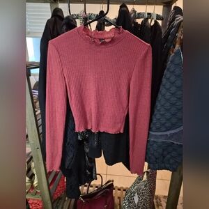 Ruffle Neck Ribbed Long Sleeve Top - Red